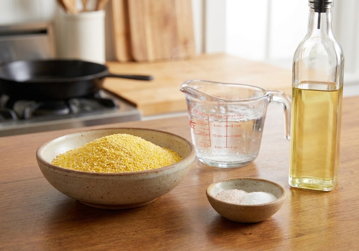 A kitchen counter with a bowl of yellow cornmeal, a small dish of salt and sugar, a measuring cup of boiling water, and a bottle of neutral oil ready for hot water cornbread