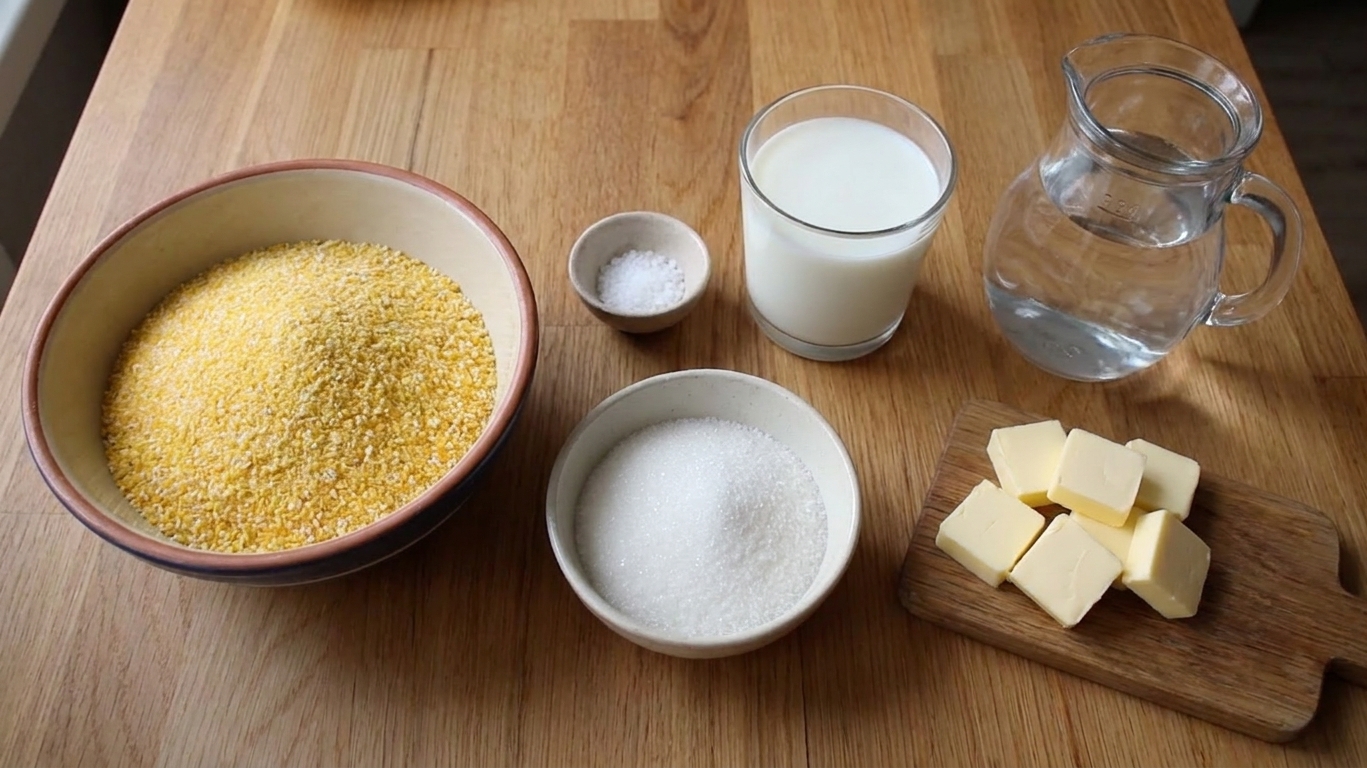 A kitchen counter with a bowl of yellow cornmeal, a small bowl of sugar, a pinch bowl of salt, a glass of milk, a jug of water, and pieces of butter laid out for making porridge
