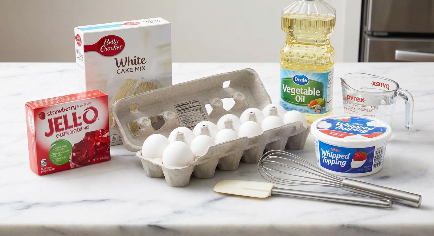 A kitchen counter with a boxed white cake mix, a box of strawberry gelatin dessert mix, eggs, oil, water, and a tub of whipped topping laid out for baking