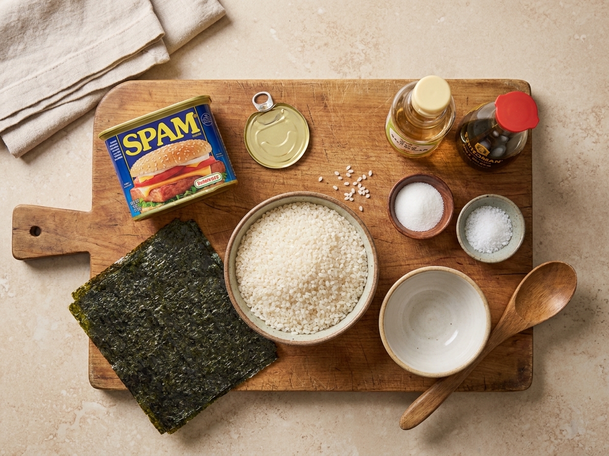 A kitchen counter with a can of Spam, uncooked sushi rice, nori sheets, rice vinegar, sugar, salt, soy sauce, and a small bowl for mixing