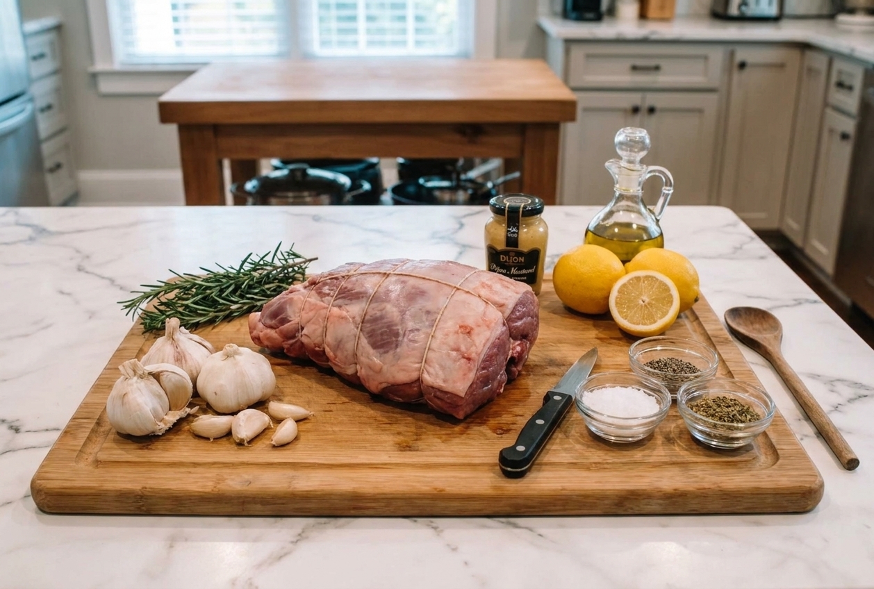 A kitchen counter with a deboned leg of lamb, garlic, fresh rosemary, lemons, Dijon mustard, olive oil, kosher salt, black pepper, and dried oregano laid out for cooking