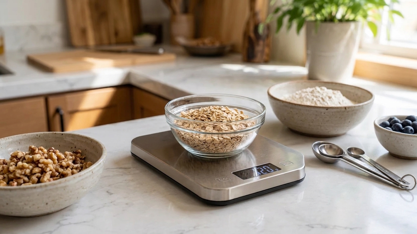 A kitchen counter with a digital food scale, measuring spoons, and bowls of common ingredients ready to be weighed for recipe nutrition, warm natural light