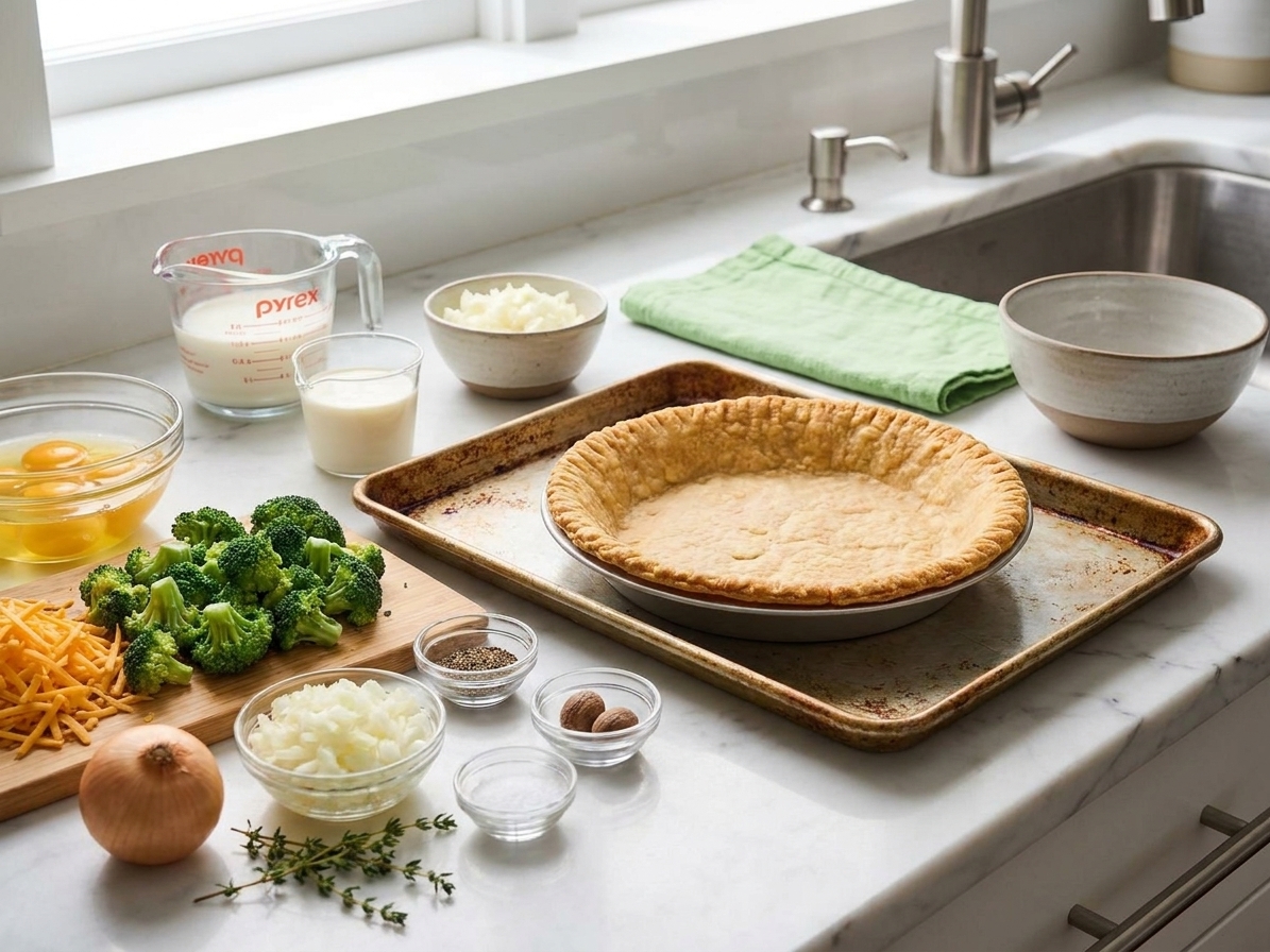 A kitchen counter with a pie crust in a tin, broccoli florets, shredded cheddar, eggs, milk, cream, onion, and seasonings laid out for making broccoli quiche