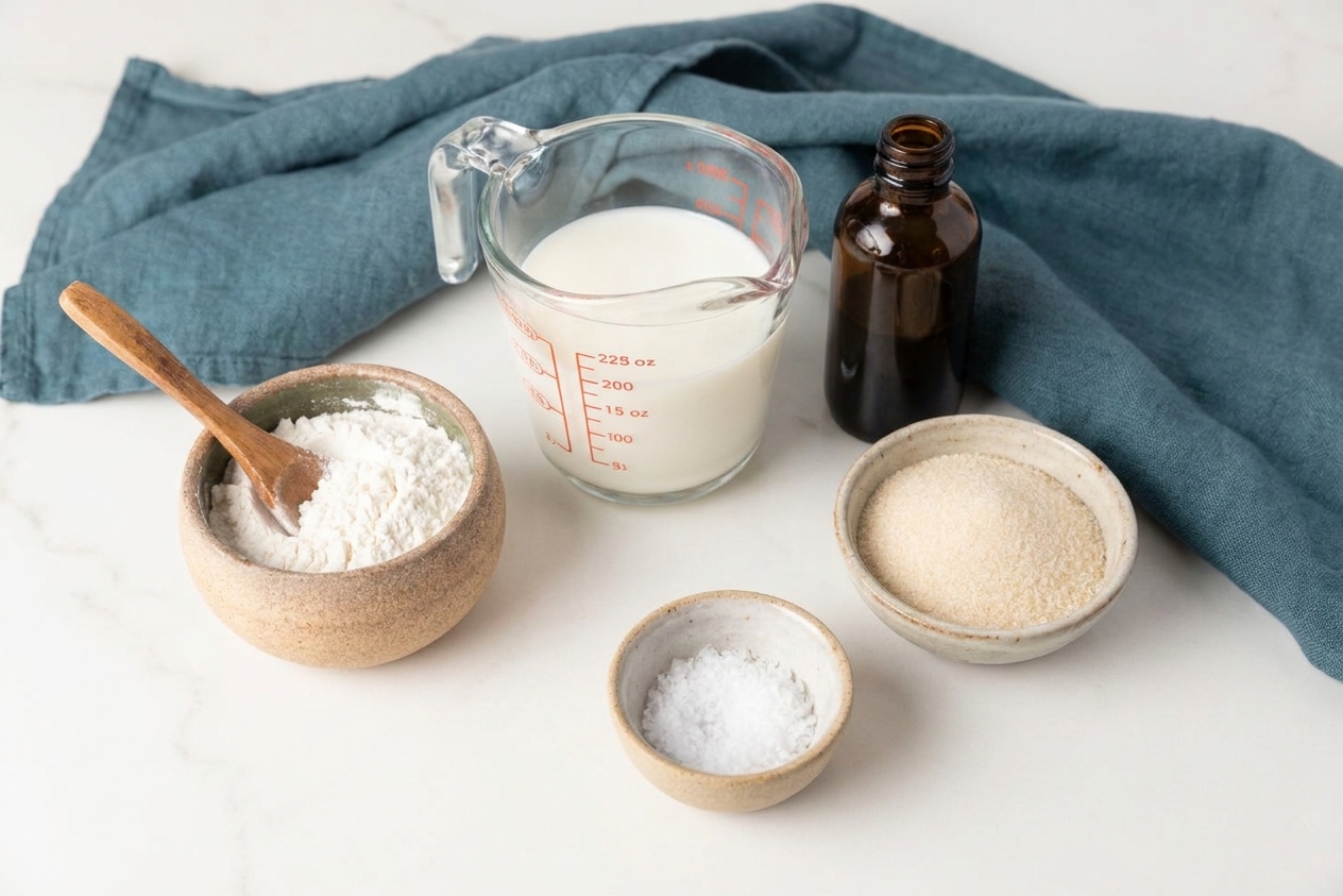 A kitchen counter with a small bowl of flour, a measuring cup of milk, vanilla extract, sugar, and salt set out for baking prep