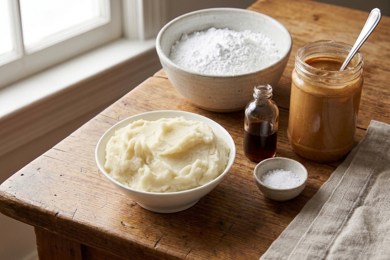 A kitchen counter with a small bowl of mashed potato, powdered sugar, peanut butter, vanilla, and salt laid out for potato candy