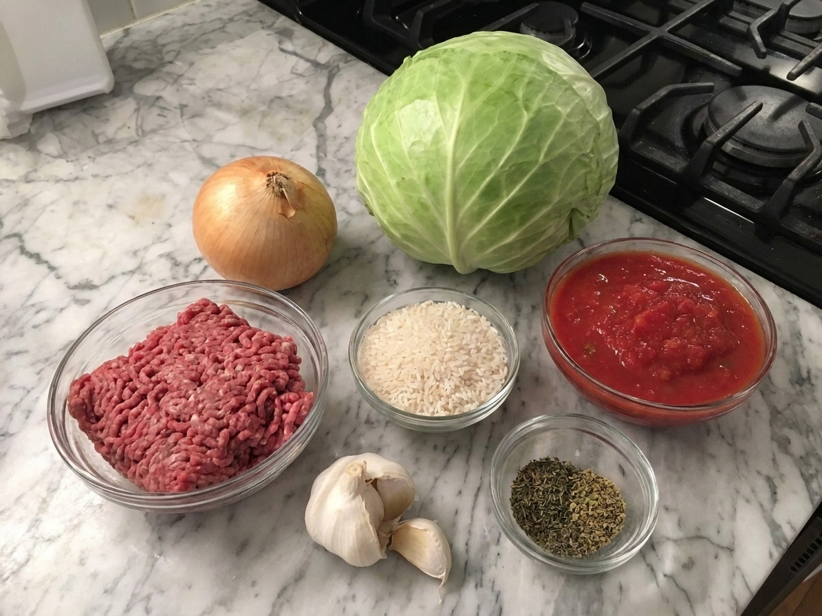 A kitchen counter with a whole green cabbage, yellow onion, garlic, ground beef, uncooked rice, crushed tomatoes, and dried herbs laid out for cooking