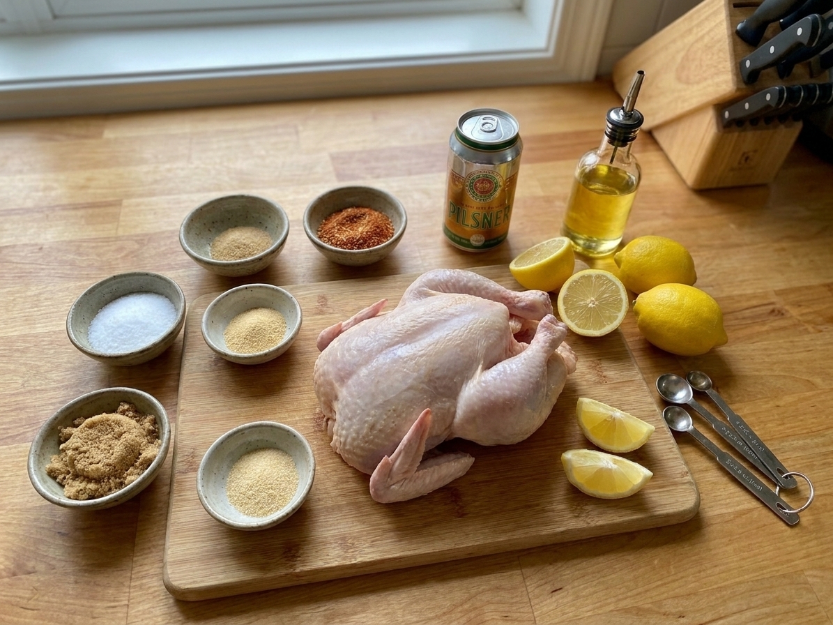 A kitchen counter with a whole raw chicken, a can of beer, small bowls of spices, kosher salt, brown sugar, garlic powder, lemon, and a bottle of oil set up for prep