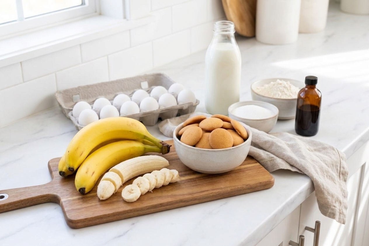 A kitchen counter with bananas, vanilla wafers, eggs, milk, sugar, flour, and vanilla laid out for banana pudding