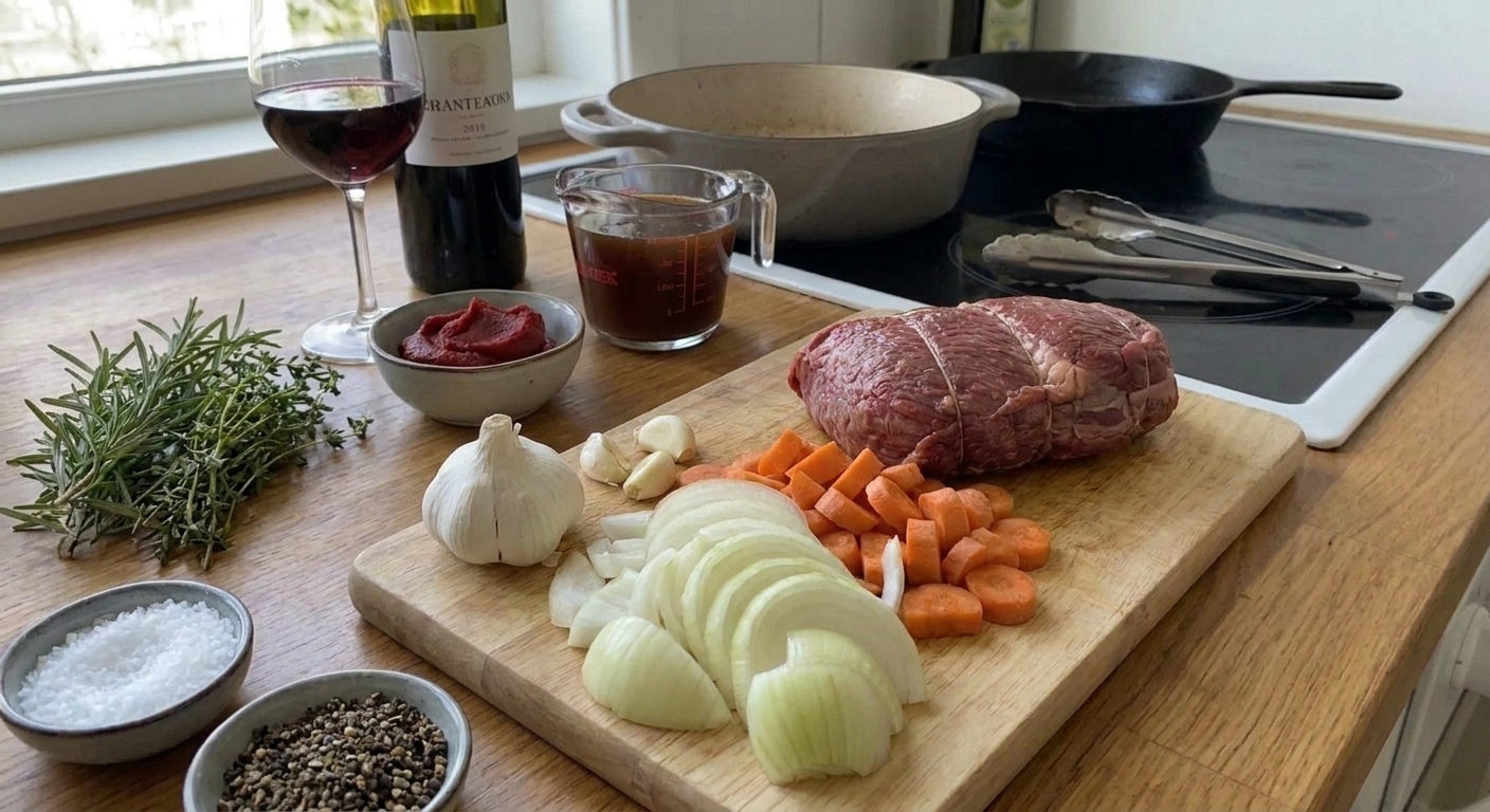 A kitchen counter with beef shoulder roast, onions, carrots, garlic, tomato paste, beef broth, red wine, herbs, salt, and pepper laid out for cooking