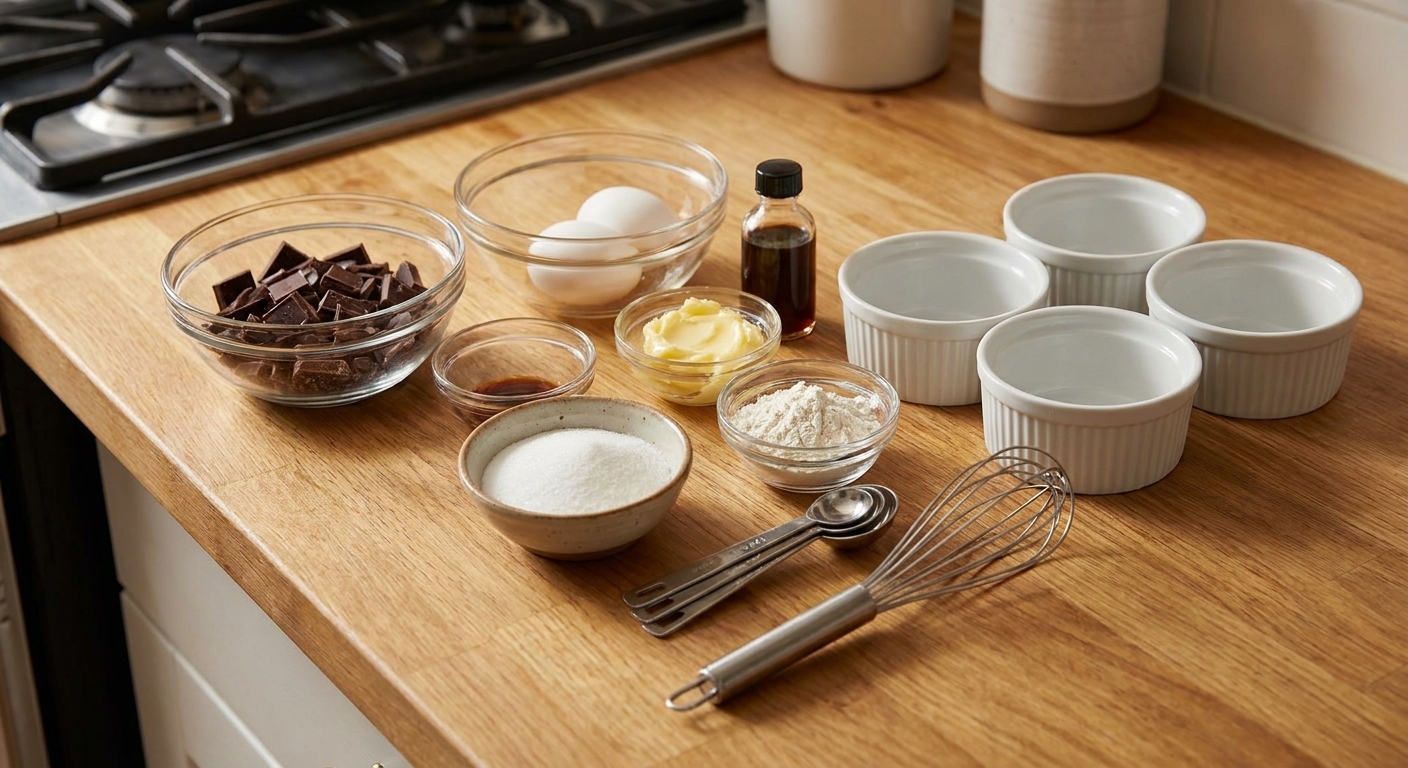 A kitchen counter with bittersweet chocolate, eggs, sugar, butter, flour, vanilla, and a few white ramekins ready for soufflé prep