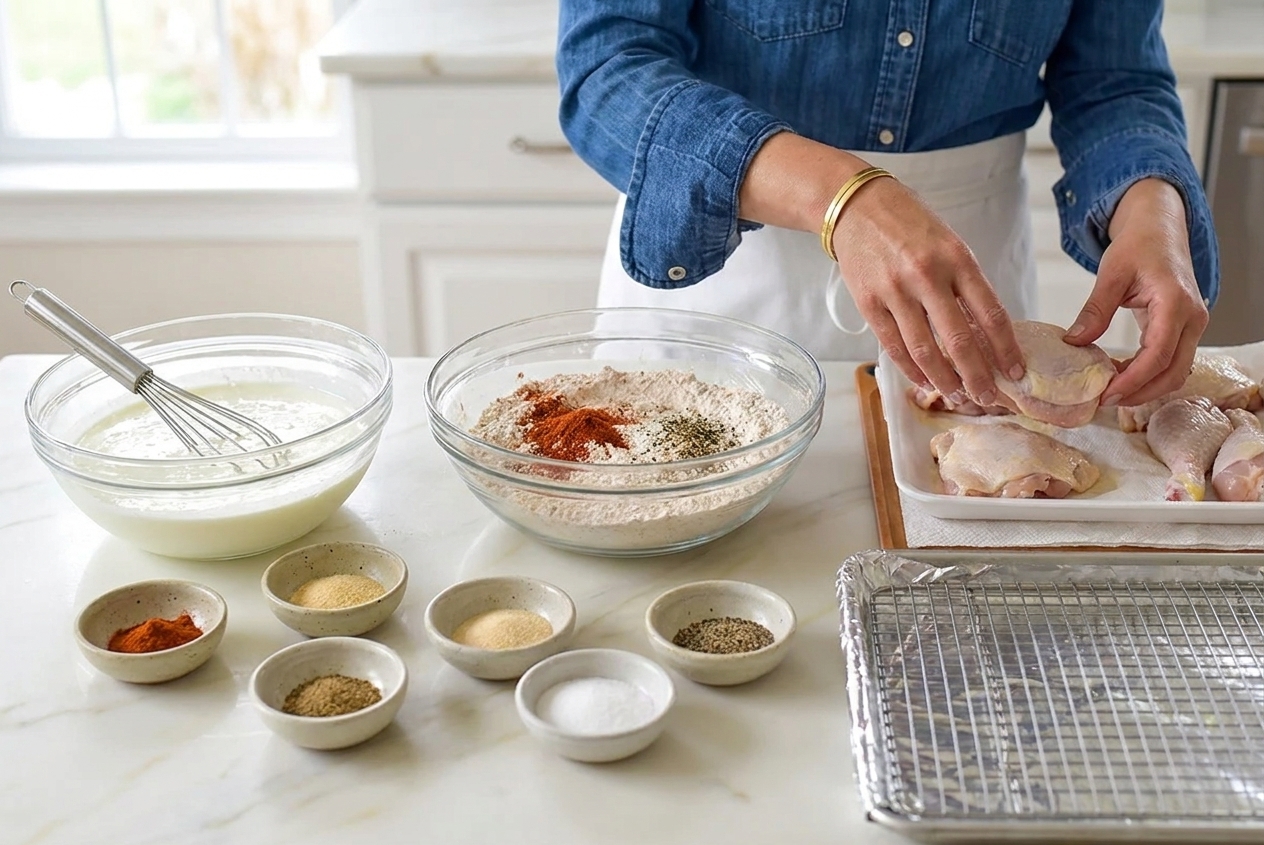 A kitchen counter with bowls of buttermilk, flour, spices, and raw chicken pieces laid out for buttermilk fried chicken prep