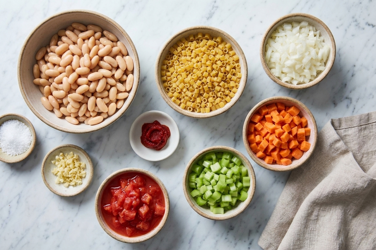 A kitchen counter with bowls of cannellini beans, small pasta, diced tomatoes, chopped onion, carrot, celery, garlic, and a small dish of tomato paste ready for soup prep