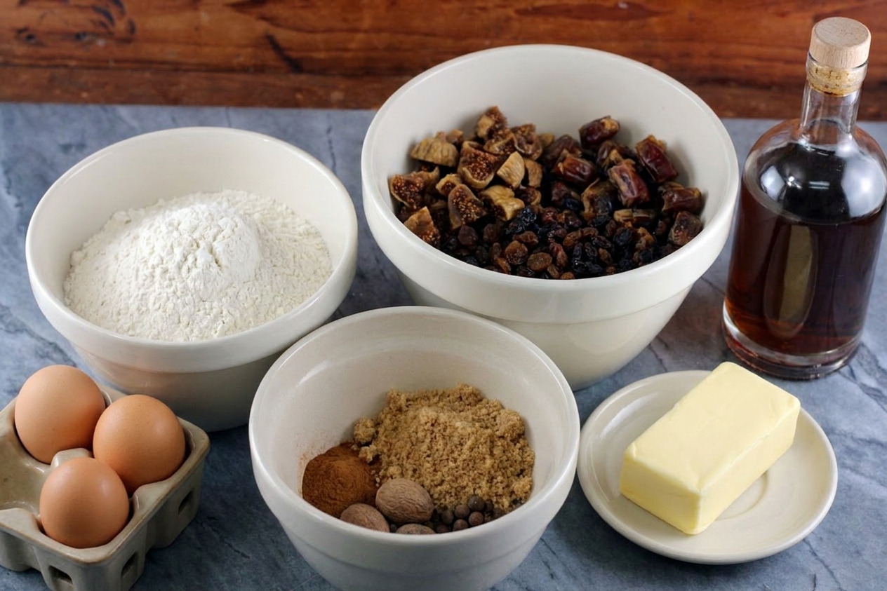 A kitchen counter with bowls of chopped dried figs, dates, raisins, flour, brown sugar, spices, eggs, butter, and a bottle of dark rum ready for figgy pudding