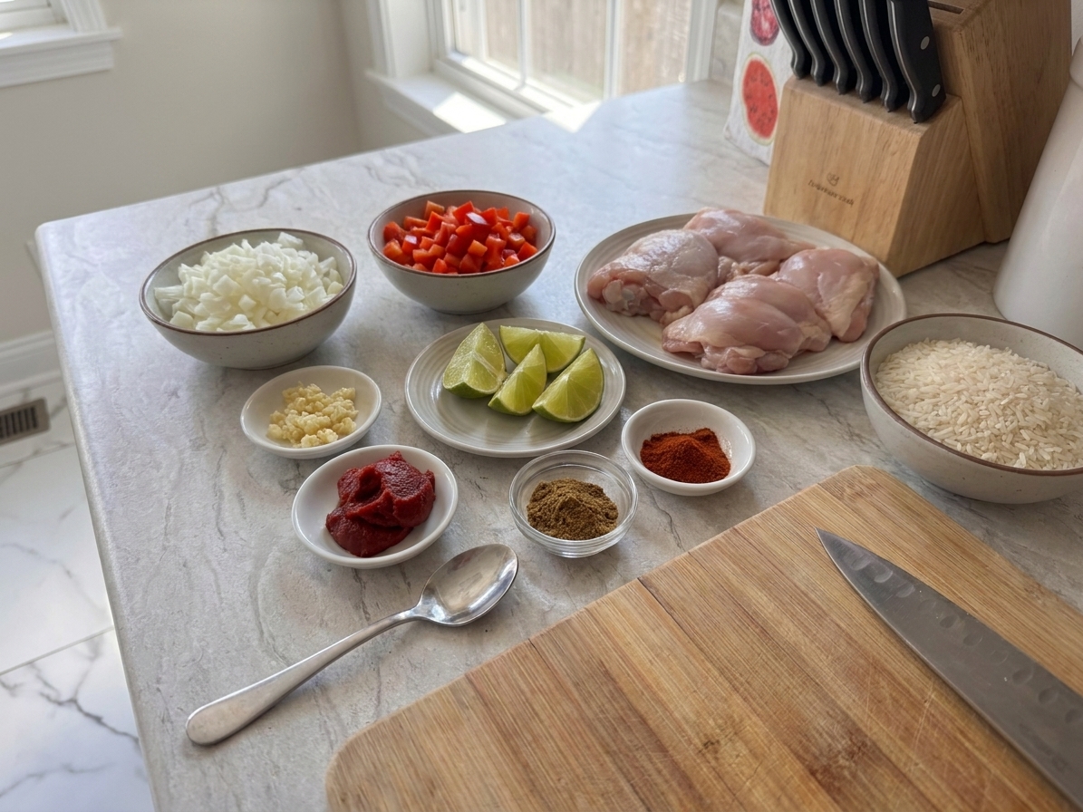 A kitchen counter with bowls of chopped onion, bell pepper, garlic, tomato paste, lime, and spices laid out next to raw chicken pieces and dry rice