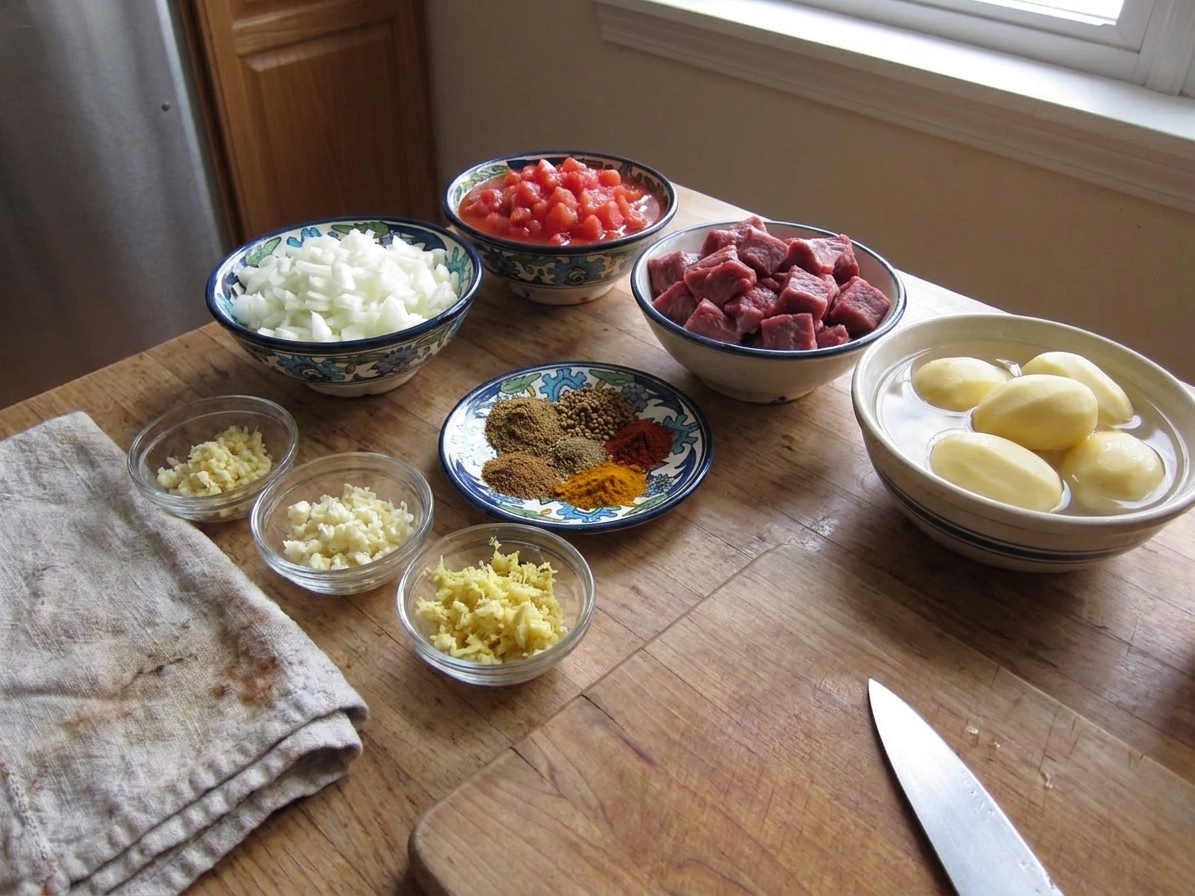 A kitchen counter with bowls of chopped onion, minced garlic, grated ginger, diced tomatoes, spices, cubed camel meat, and peeled potatoes laid out for soup prep