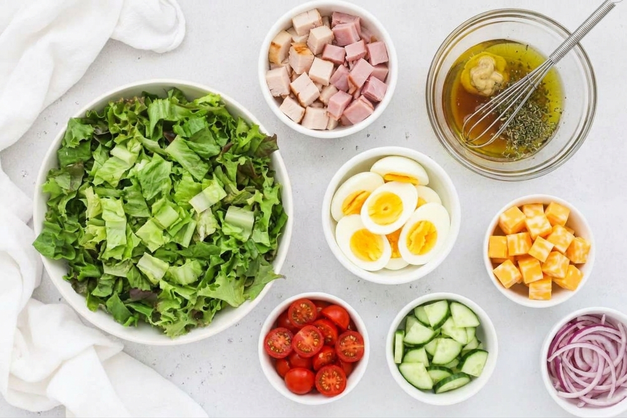 A kitchen counter with bowls of chopped romaine, sliced turkey and ham, hard-boiled eggs, cheddar, tomatoes, cucumber, red onion, and vinaigrette ingredients