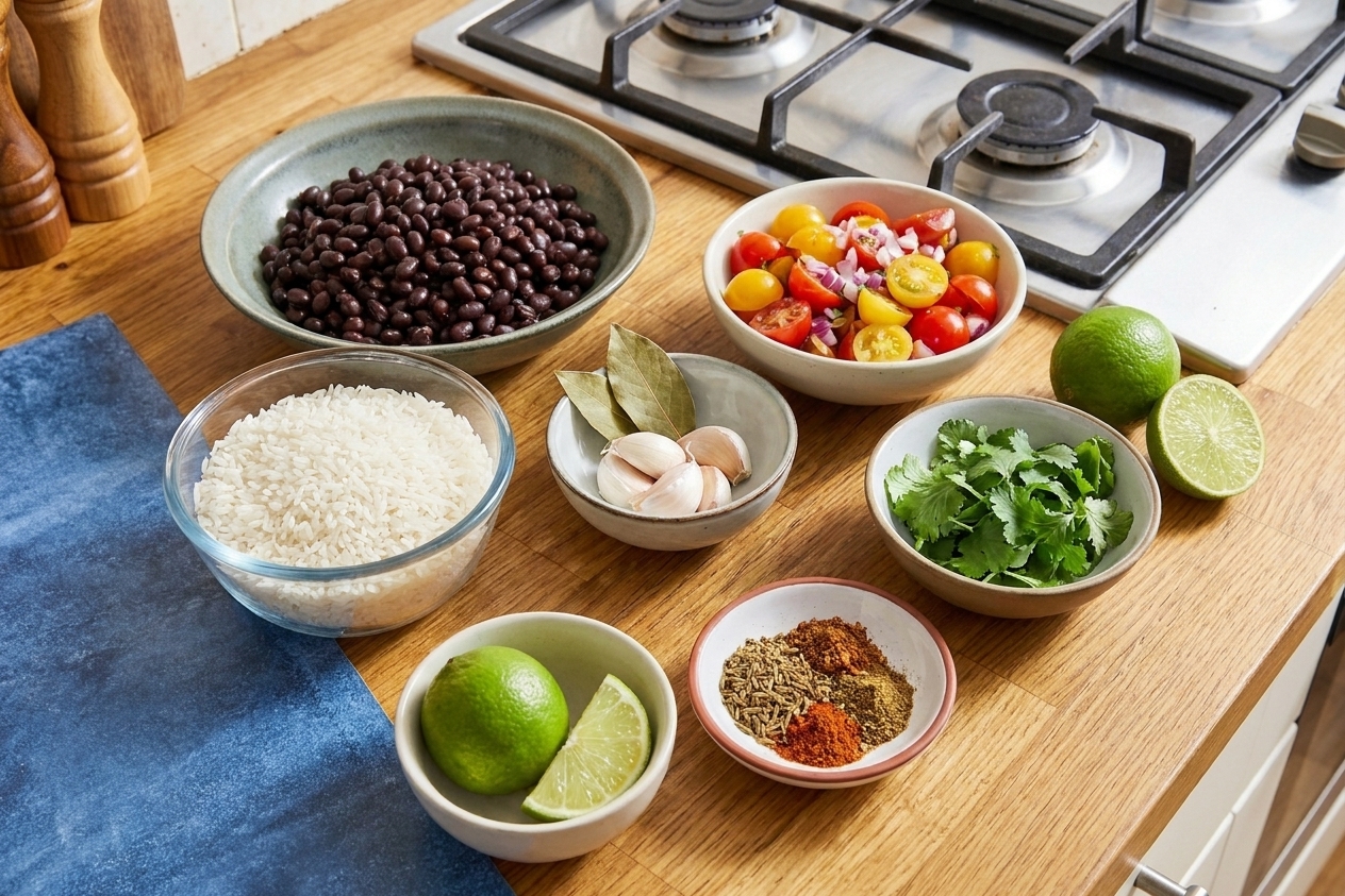 A kitchen counter with bowls of cooked black beans, uncooked rice, garlic, limes, tomatoes, onion, cilantro, and spices arranged for prep in bright natural light