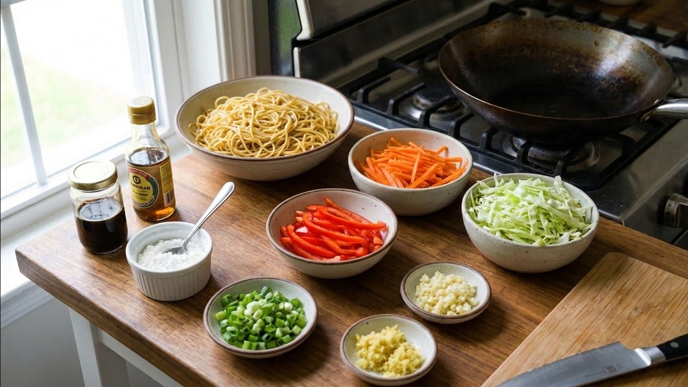 A kitchen counter with bowls of cooked noodles, sliced cabbage, julienned carrots, sliced bell pepper, scallions, minced garlic, grated ginger, soy sauce, sesame oil, and cornstarch ready for chaomin