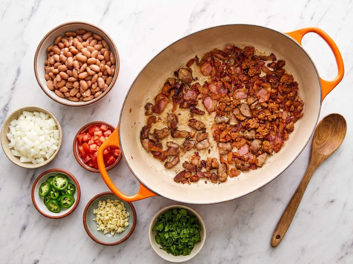A kitchen counter with bowls of cooked pinto beans, diced onion, chopped tomato, sliced jalapeño, minced garlic, chopped cilantro, bacon, and chorizo laid out for frijoles charros