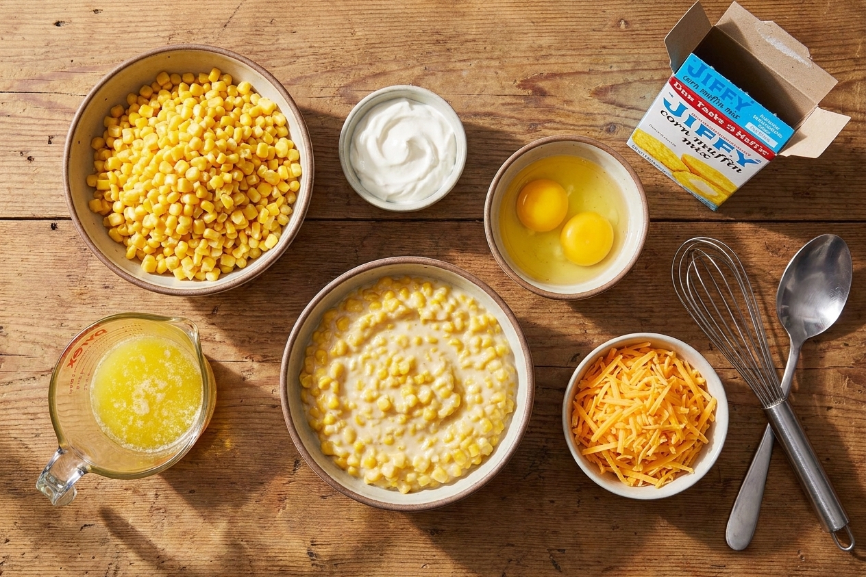 A kitchen counter with bowls of corn kernels, creamed corn, sour cream, melted butter, eggs, shredded cheddar, and a box of Jiffy corn muffin mix laid out for cooking