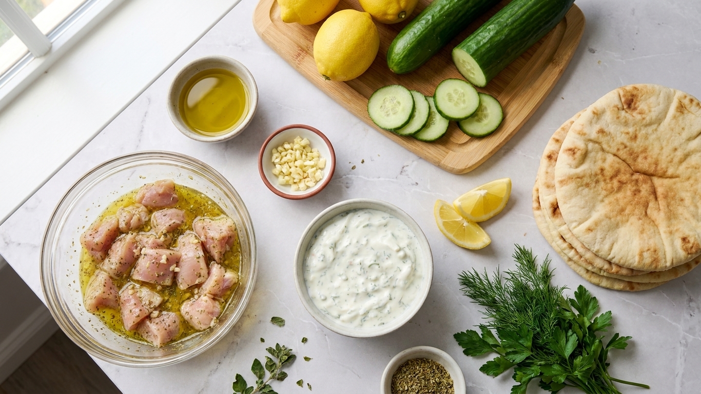 A kitchen counter with bowls of cubed chicken, olive oil, lemon, garlic, oregano, yogurt, cucumber, pita, and fresh herbs laid out for Greek chicken souvlaki