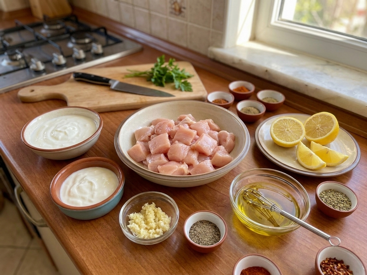 A kitchen counter with bowls of cubed chicken, plain yogurt, grated garlic, lemon, olive oil, and small dishes of spices ready for Turkish kebab prep