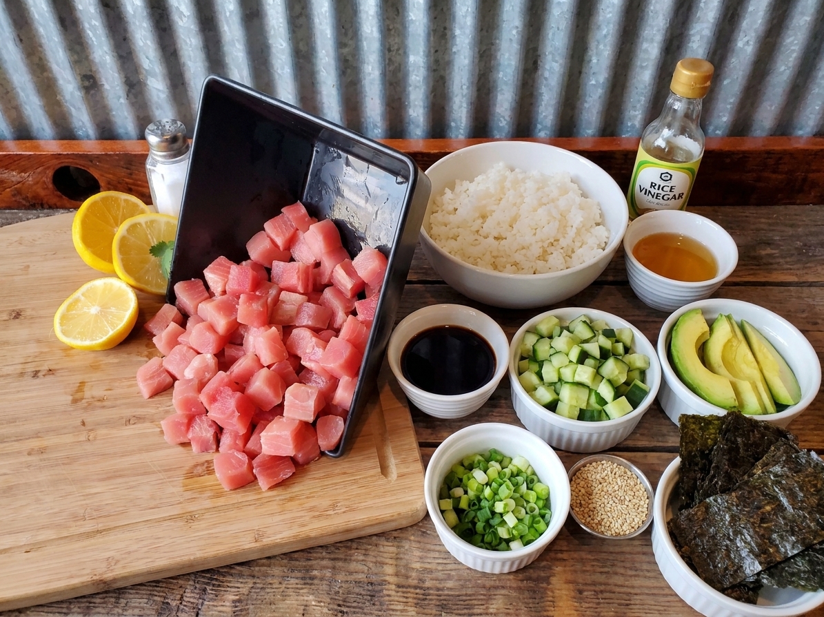 A kitchen counter with bowls of cubed tuna, cooked sushi rice, soy sauce, sesame oil, rice vinegar, cucumber, avocado, scallions, sesame seeds, and nori laid out for poke bowls