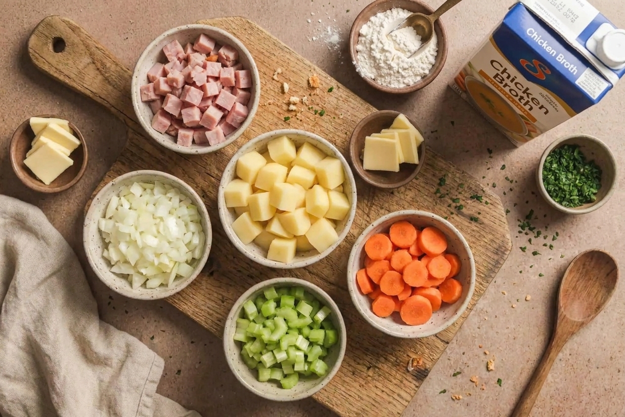A kitchen counter with bowls of diced ham, peeled and cubed potatoes, chopped onion, sliced carrots, chopped celery, butter, flour, and a carton of chicken broth laid out for soup prep