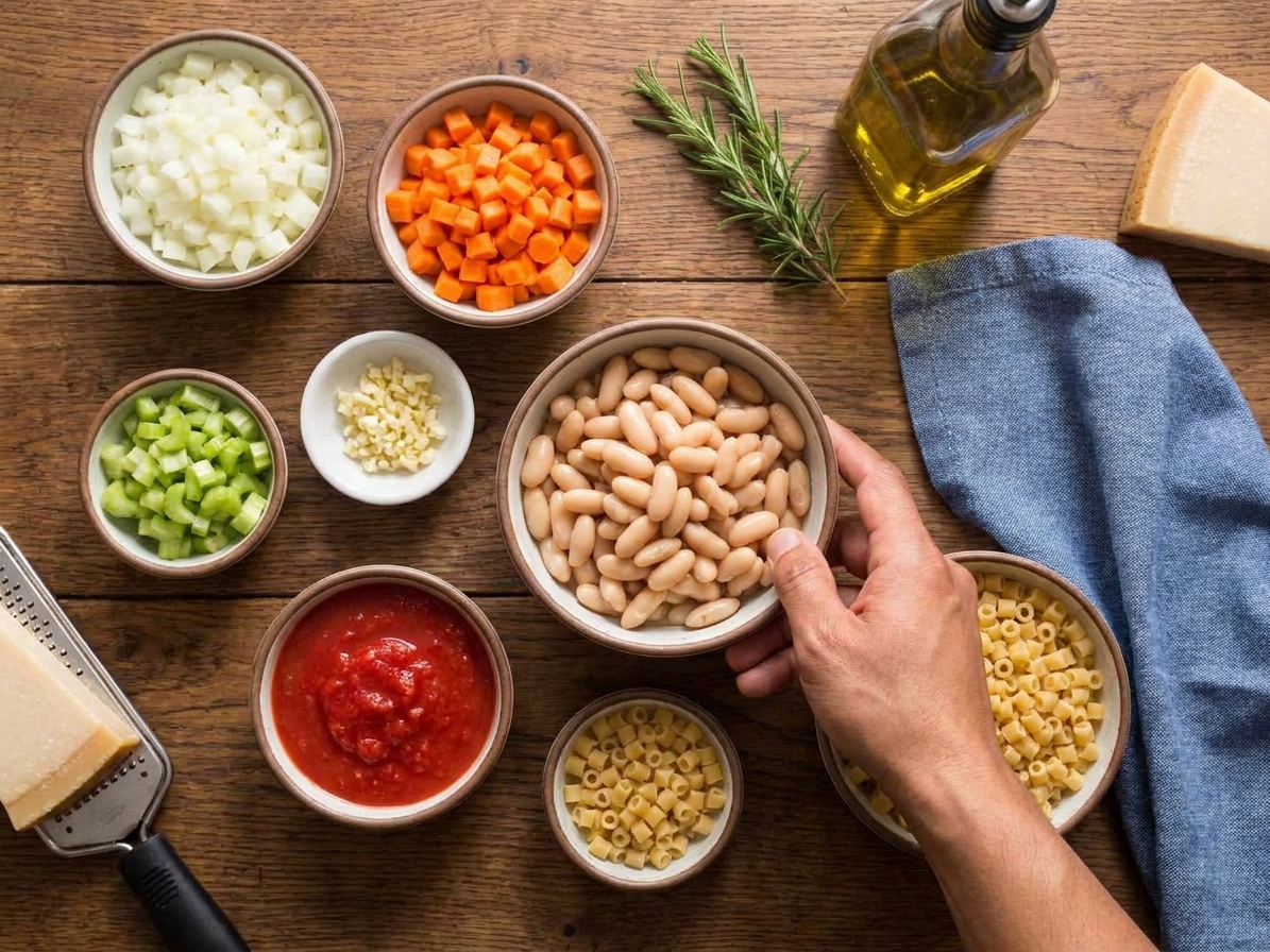 A kitchen counter with bowls of diced onion, carrot, and celery, minced garlic, canned cannellini beans, crushed tomatoes, ditalini pasta, rosemary, olive oil, and Parmesan ready for pasta e fagioli