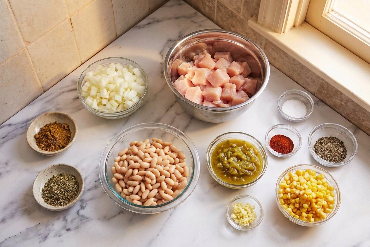 A kitchen counter with bowls of diced onion, minced garlic, white beans, green chiles, corn, spices, and raw chicken laid out for making white chicken chili