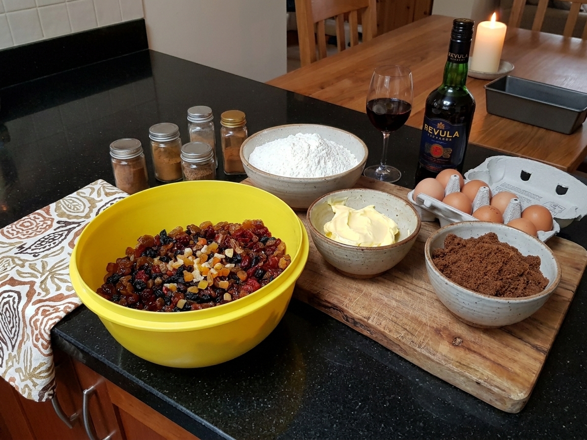 A kitchen counter with bowls of dried fruit, flour, brown sugar, butter, eggs, spices, a bottle of dark rum, and a glass of red wine set up for baking