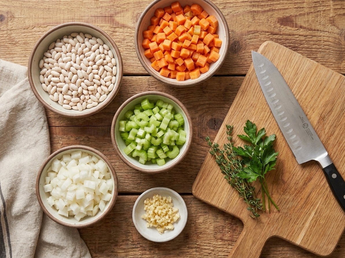 A kitchen counter with bowls of dried navy beans, chopped carrots, chopped celery, diced onion, minced garlic, and herbs laid out for soup prep