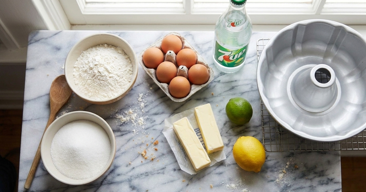 A kitchen counter with bowls of flour and sugar, sticks of butter, eggs, a bottle of 7UP, a lemon, a lime, and a Bundt pan ready for baking
