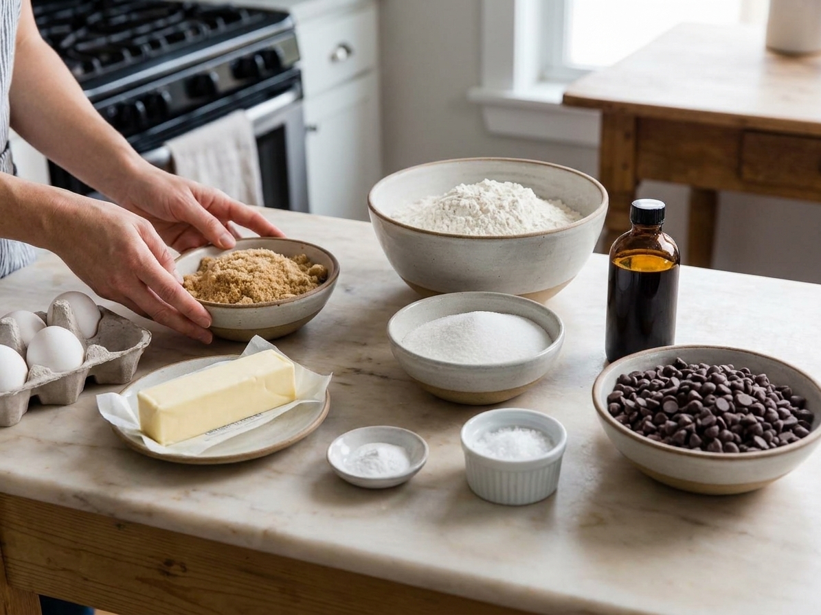 A kitchen counter with bowls of flour, brown sugar, white sugar, butter, eggs, vanilla, baking soda, salt, and chocolate chips laid out for baking