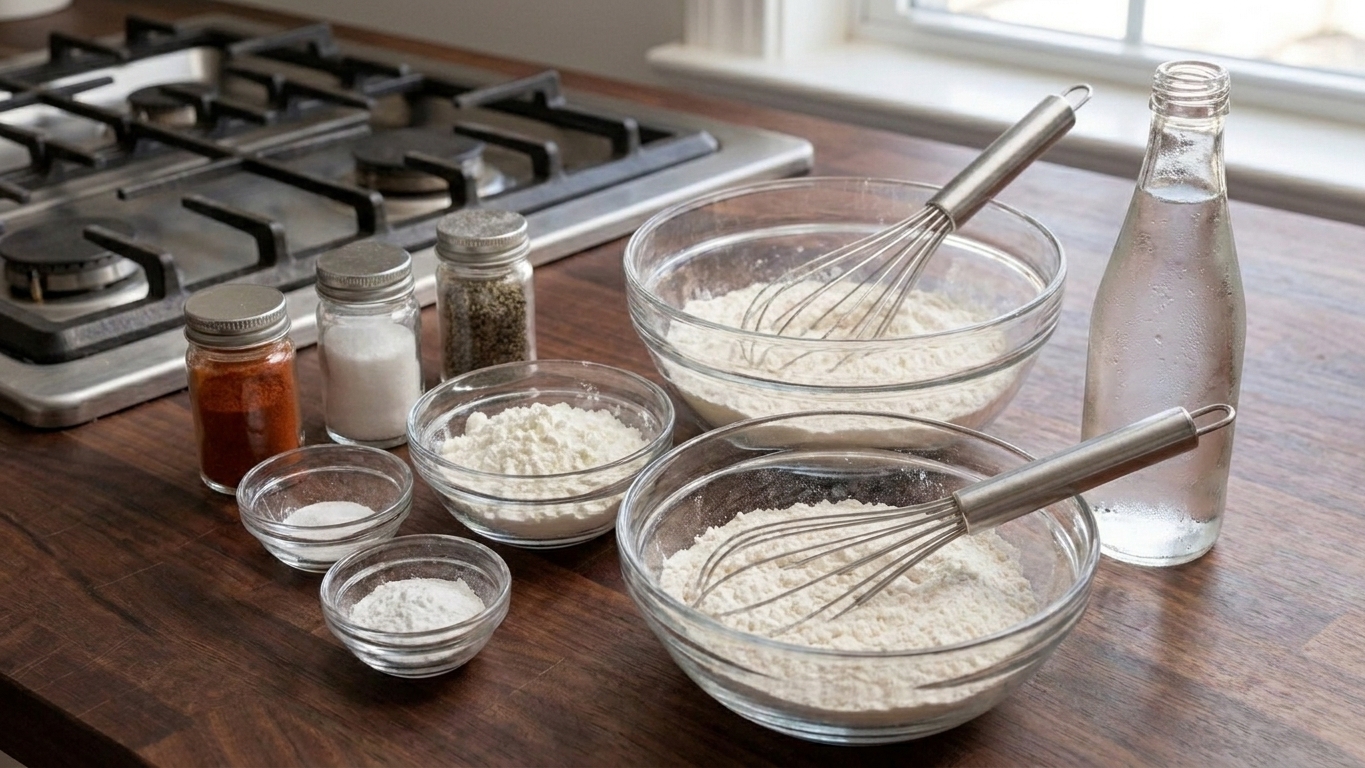 A kitchen counter with bowls of flour, cornstarch, baking powder, spices, a whisk, and a bottle of club soda laid out for making fish batter