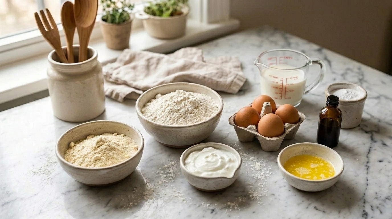 A kitchen counter with bowls of flour, protein powder, Greek yogurt, eggs, milk, baking powder, vanilla, and a small bowl of melted butter laid out for waffle batter