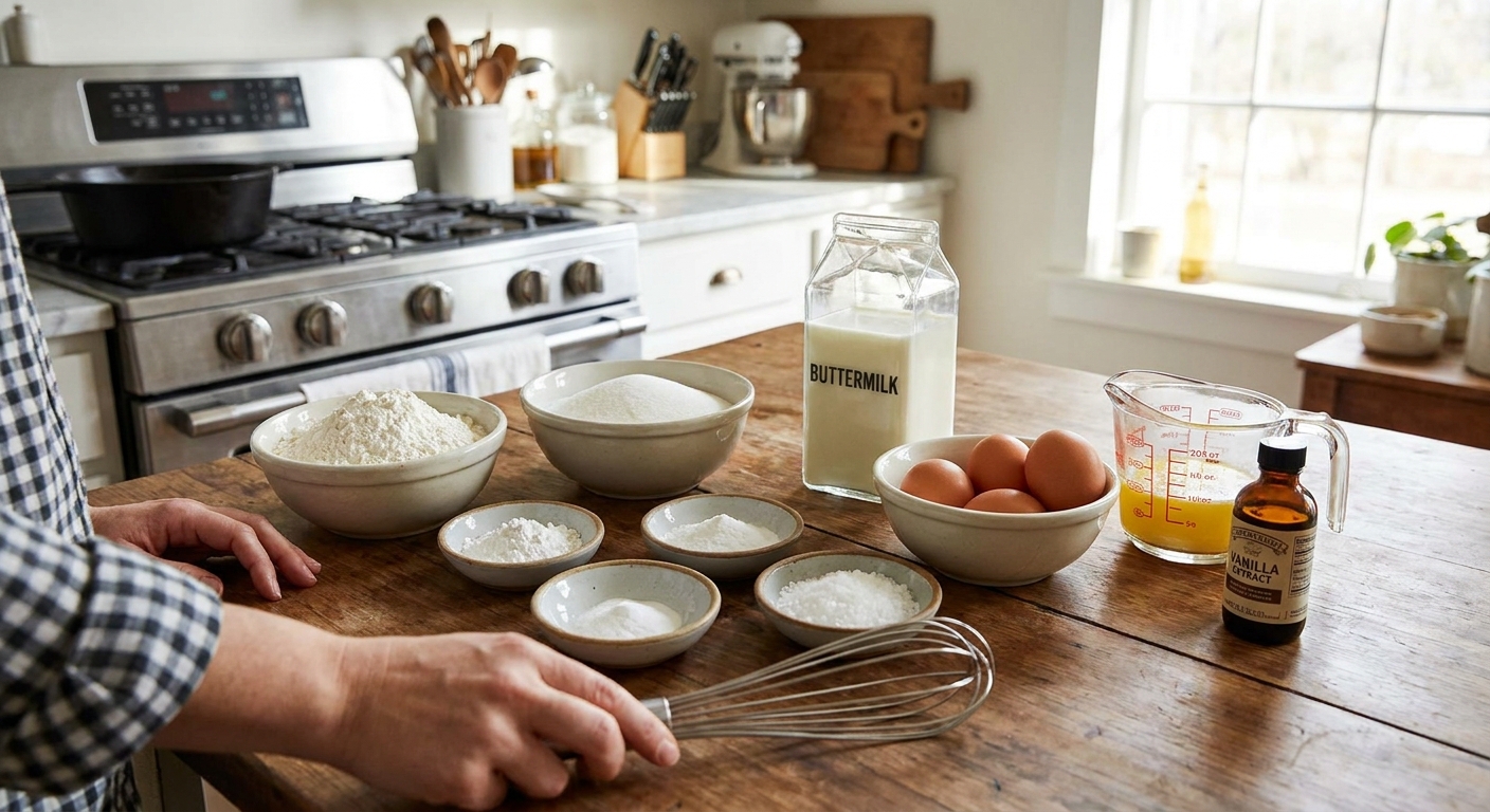 A kitchen counter with bowls of flour, sugar, baking powder, baking soda, salt, a carton of buttermilk, eggs, melted butter, and vanilla laid out for pancake prep