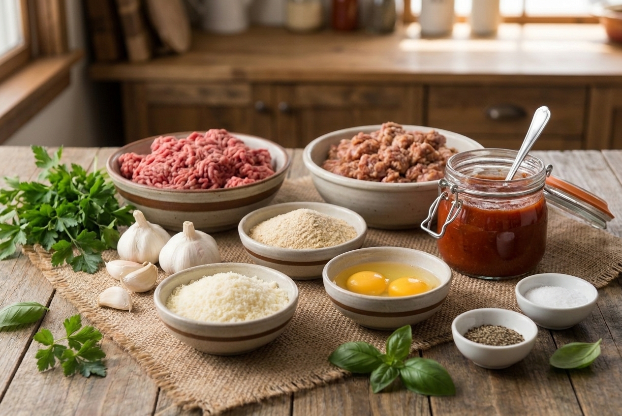 A kitchen counter with bowls of ground beef and Italian sausage, breadcrumbs, grated Parmesan, eggs, garlic, parsley, salt, pepper, and a jar of marinara sauce