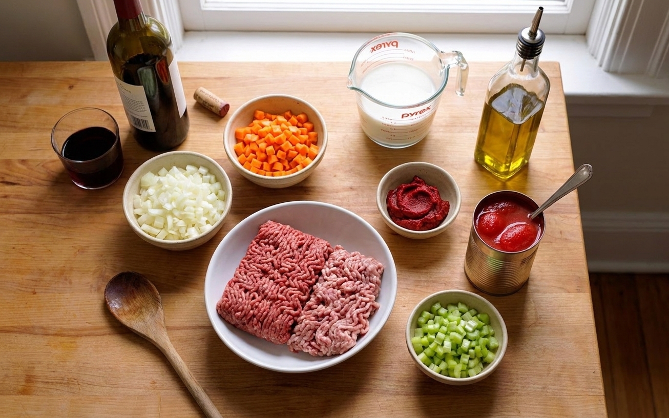 A kitchen counter with bowls of ground beef and pork, diced onion, carrot, celery, tomato paste, canned tomatoes, milk, wine, and olive oil ready for bolognese
