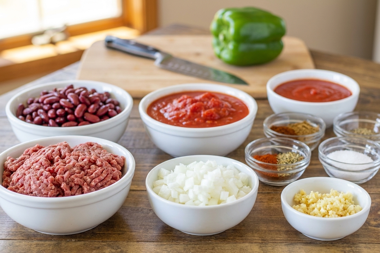 A kitchen counter with bowls of ground beef, diced onion, minced garlic, canned beans, crushed tomatoes, tomato sauce, and small bowls of spices prepped for chili