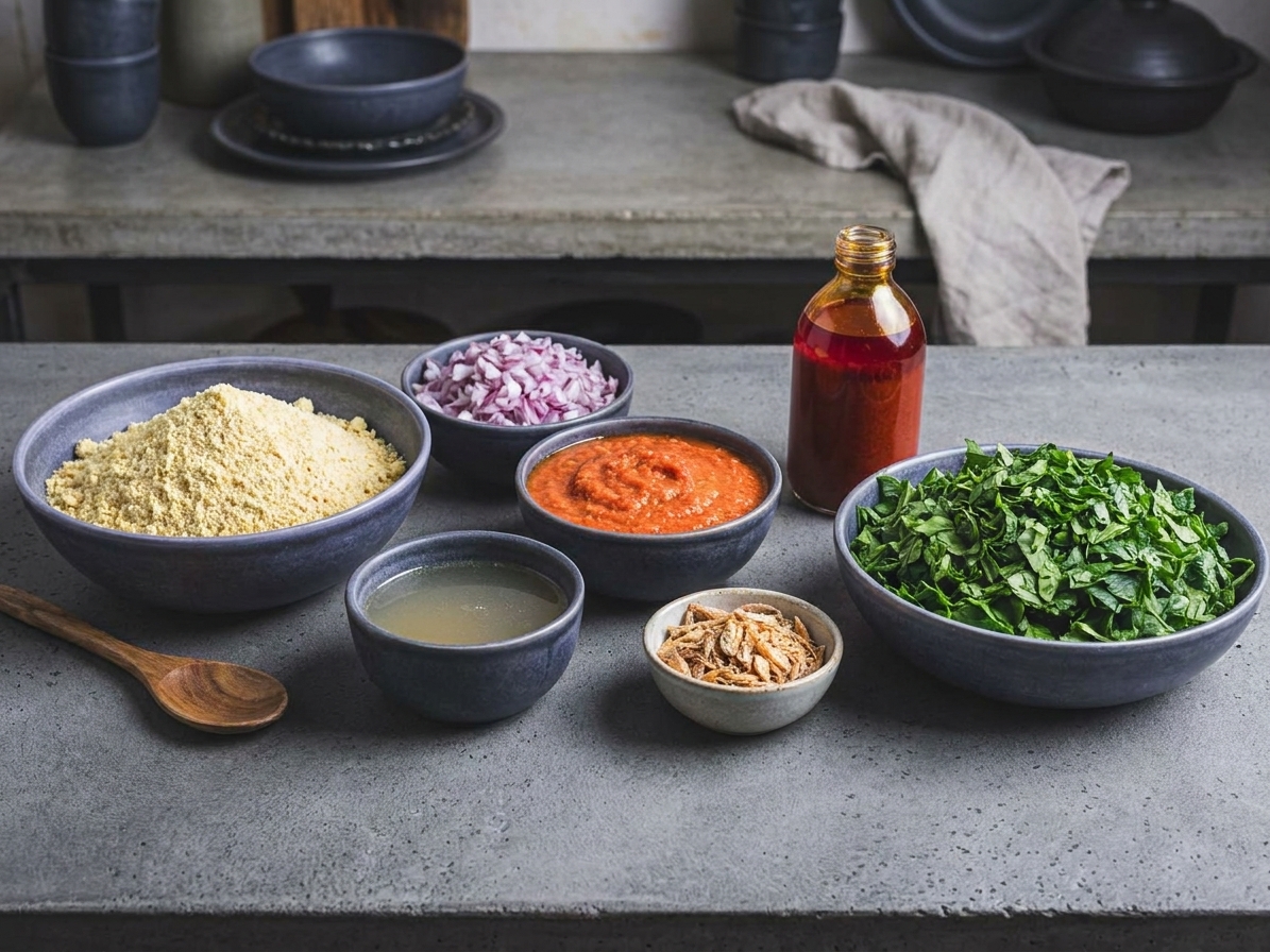 A kitchen counter with bowls of ground egusi (melon seed) powder, chopped onions, blended peppers, palm oil, stock, crayfish, and chopped greens arranged neatly for cooking