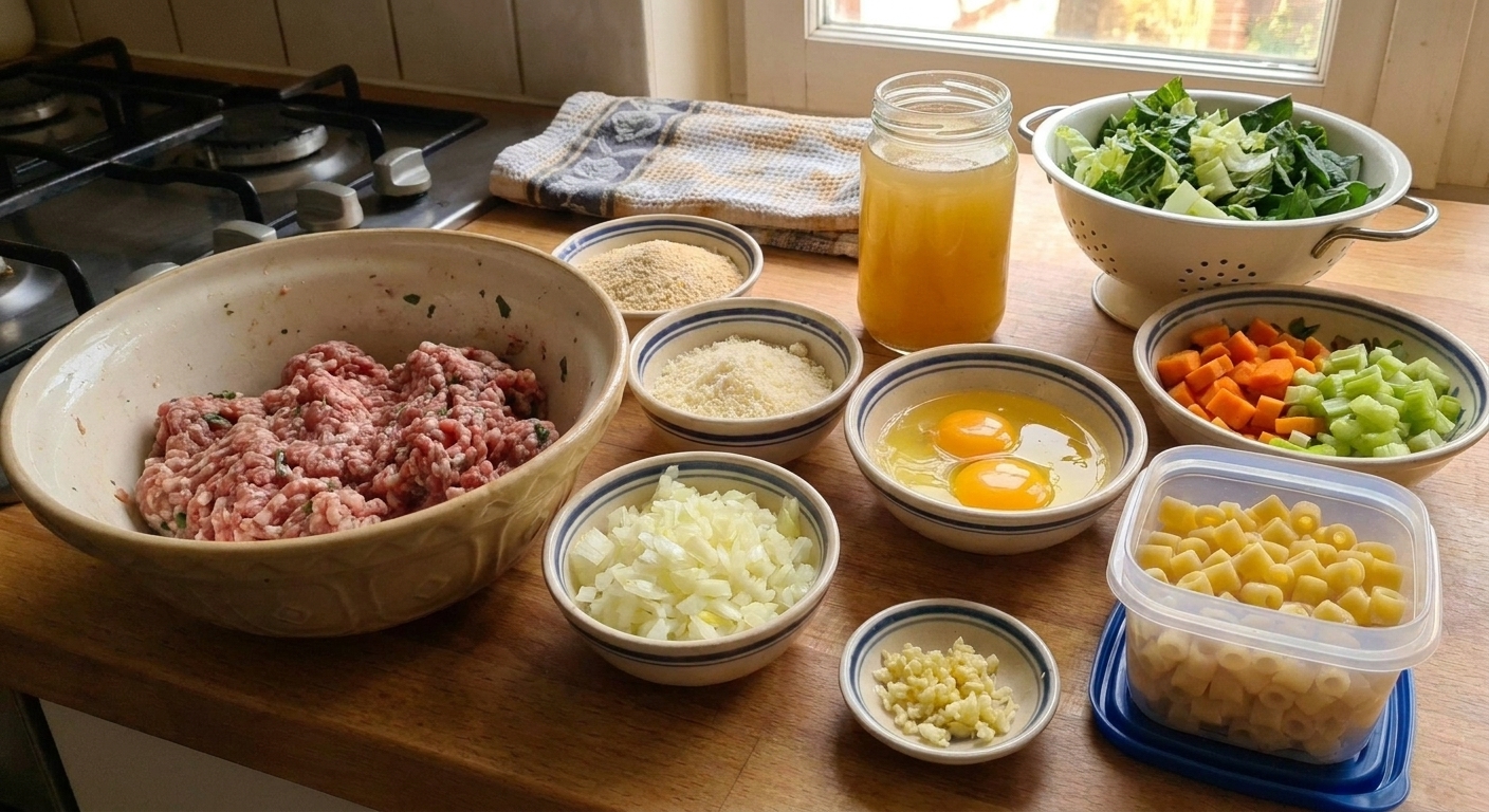 A kitchen counter with bowls of ground meat, breadcrumbs, grated Parmesan, eggs, chopped onion, carrots, celery, garlic, chicken broth, leafy greens, and small pasta ready for minestra maritata