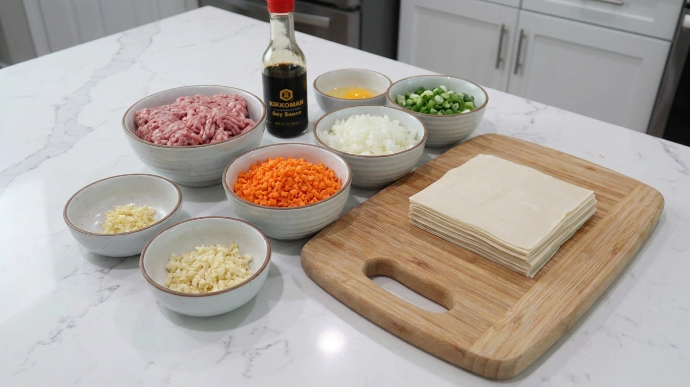 A kitchen counter with bowls of ground pork, minced garlic, chopped carrots, chopped onion, sliced green onions, soy sauce, egg, and a stack of lumpia wrappers laid out for cooking prep