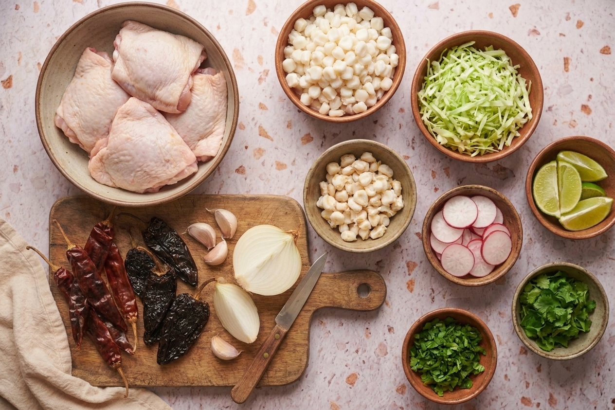 A kitchen counter with bowls of hominy, shredded cabbage, sliced radishes, lime wedges, dried guajillo chiles, onions, garlic, and chicken thighs ready for pozole prep
