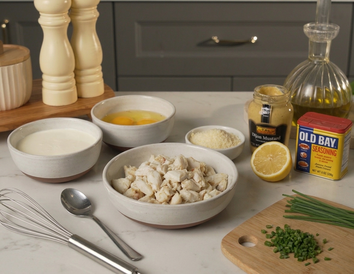 A kitchen counter with bowls of lump crab meat, heavy cream, eggs, Parmesan, Dijon mustard, lemon, chives, and Old Bay laid out for savory crab brûlée