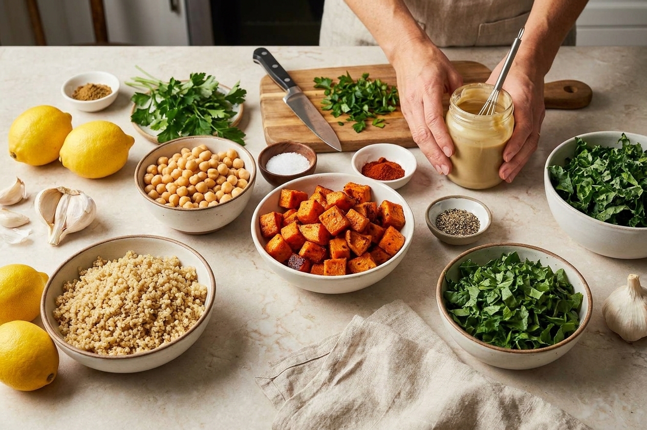 A kitchen counter with bowls of quinoa, chickpeas, cubed sweet potatoes, leafy greens, lemons, garlic, tahini, and spices laid out for meal prep