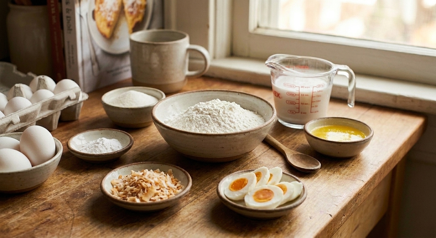 A kitchen counter with bowls of rice flour, sugar, baking powder, coconut milk, eggs, melted butter, and small dishes of toasted coconut and sliced salted egg ready for bibingka