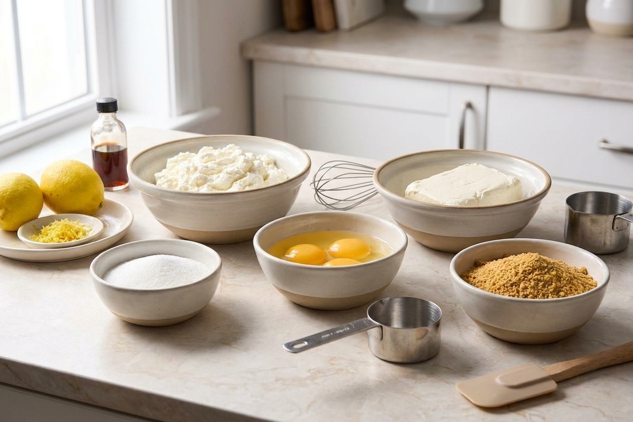 A kitchen counter with bowls of ricotta, cream cheese, sugar, eggs, lemons, vanilla, and cookie crumbs measured out and ready for baking in a calm, home kitchen setup