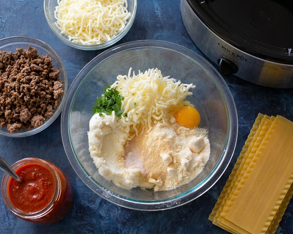 A kitchen counter with bowls of ricotta mixture, shredded mozzarella, jarred marinara, lasagna noodles, and browned ground beef laid out for crock pot lasagna prep