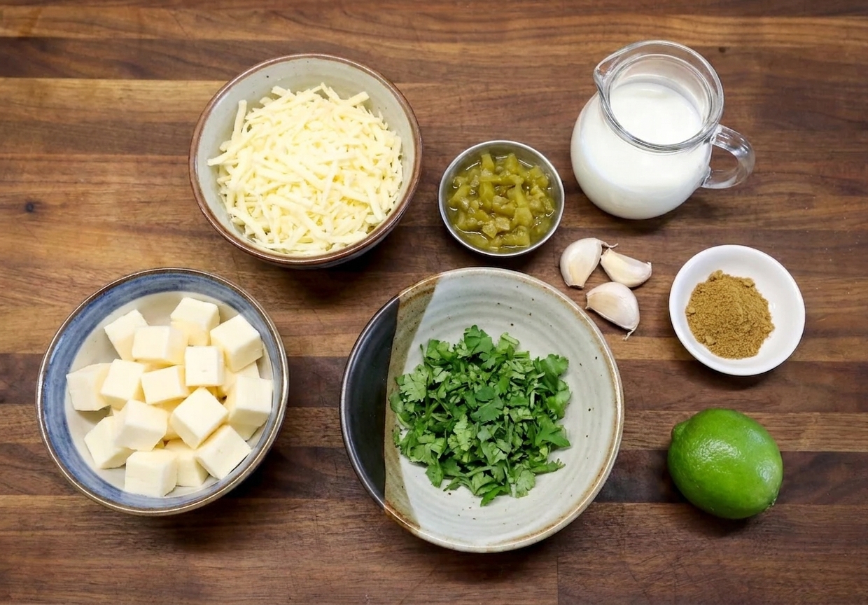 A kitchen counter with bowls of shredded Monterey Jack, cubed white American cheese, diced green chiles, milk, garlic, cumin, lime, and chopped cilantro laid out for making queso